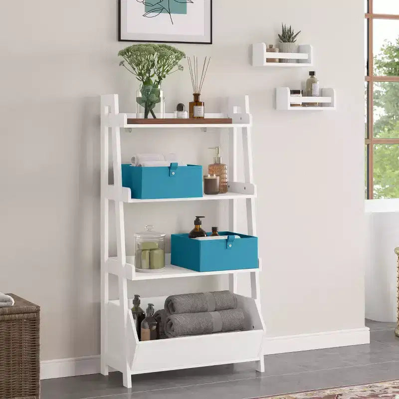 4-Tier 24" Ladder Display Shelf with Storage Organizer Bin, White