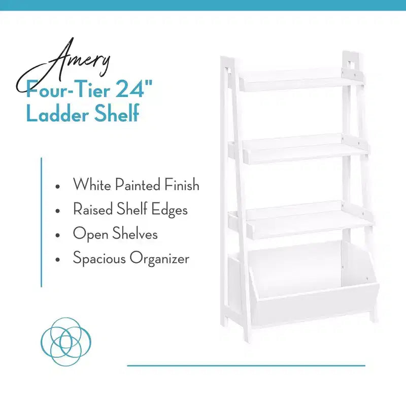 4-Tier 24" Ladder Display Shelf with Storage Organizer Bin, White