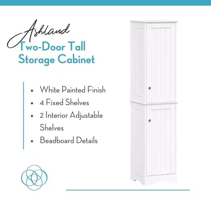 Ashland Two-Door Tall Bathroom Storage Cabinet with Adjustable Shelves, 60"H, White