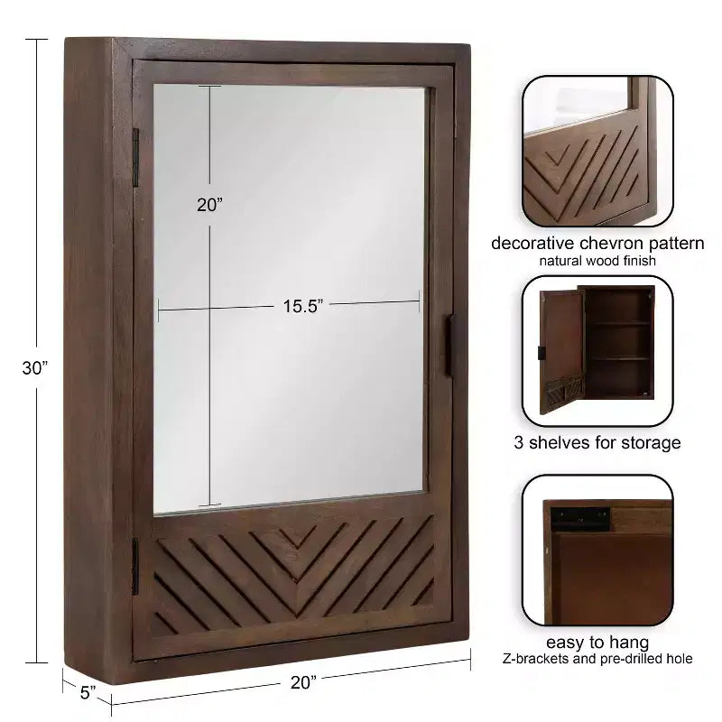 Wall-Mounted Bathroom Cabinet with Mirror, Chevron Pattern, 20"x30", Brown