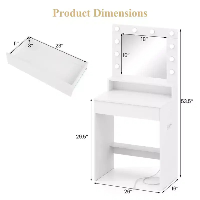 Vanity Desk with Mirror and Lights, 3 Light Modes & Adjustable Brightness, White