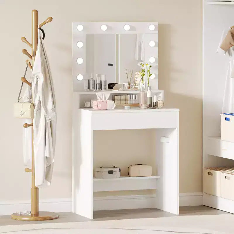 Vanity Desk with Mirror and Lights, 3 Light Modes & Adjustable Brightness, White