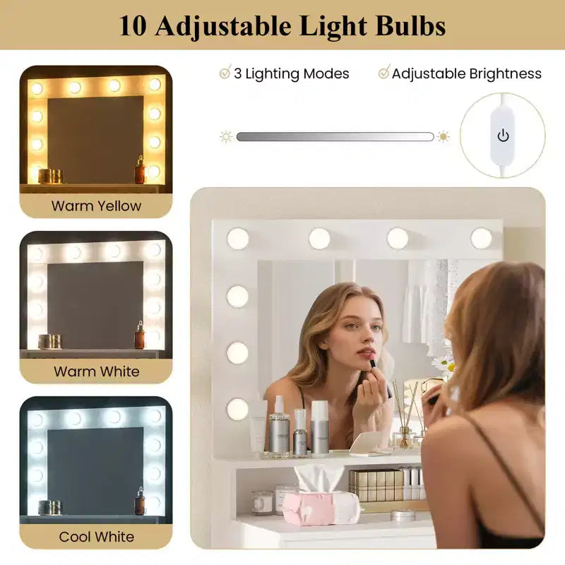 Vanity Desk with Mirror and Lights, 3 Light Modes & Adjustable Brightness, White