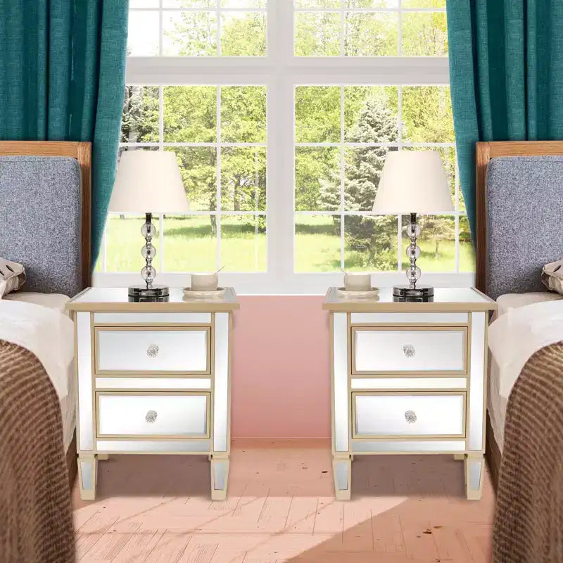2-Drawer Nightstand with Gold Handles, 19.69"W, MDF, Modern Bedroom Side Table