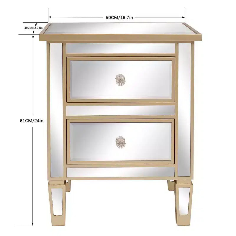 2-Drawer Nightstand with Gold Handles, 19.69"W, MDF, Modern Bedroom Side Table