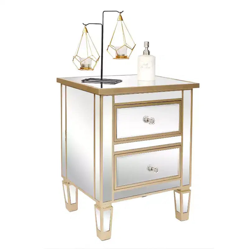 2-Drawer Nightstand with Gold Handles, 19.69"W, MDF, Modern Bedroom Side Table