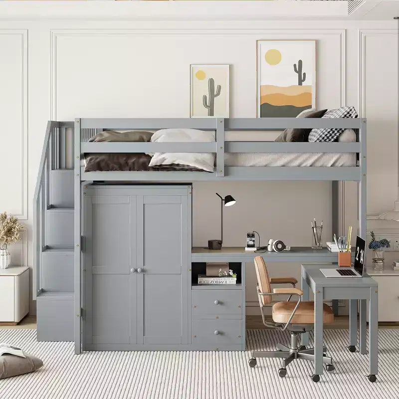 Full Size Loft Bed with Stairs, Bookshelf, Drawers, Desk & Wardrobe, Space-Saving for Kids & Teens