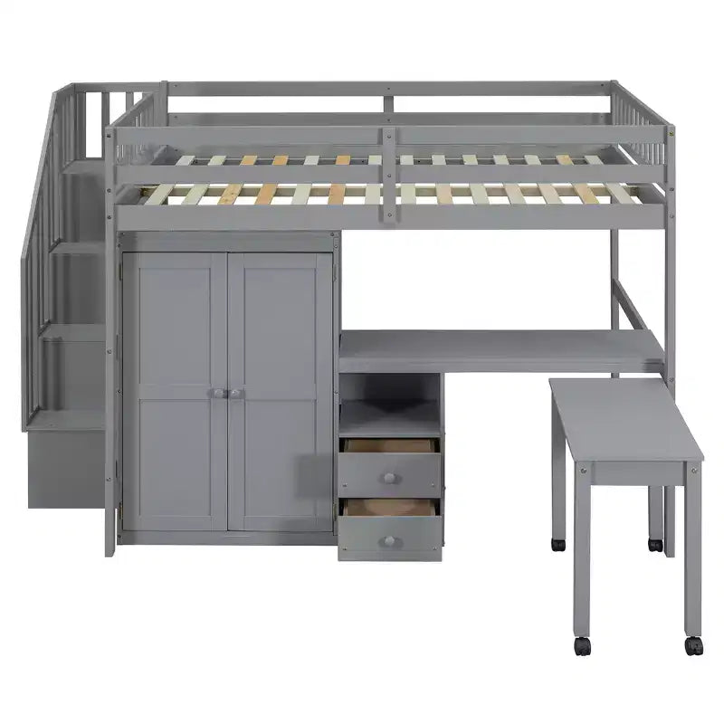 Full Size Loft Bed with Stairs, Bookshelf, Drawers, Desk & Wardrobe, Space-Saving for Kids & Teens