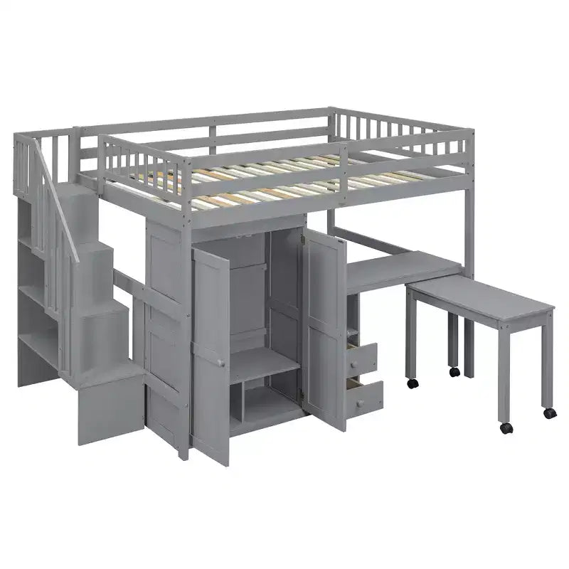 Full Size Loft Bed with Stairs, Bookshelf, Drawers, Desk & Wardrobe, Space-Saving for Kids & Teens