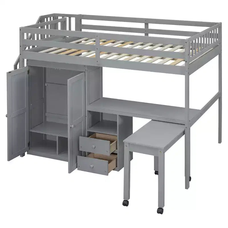 Full Size Loft Bed with Stairs, Bookshelf, Drawers, Desk & Wardrobe, Space-Saving for Kids & Teens