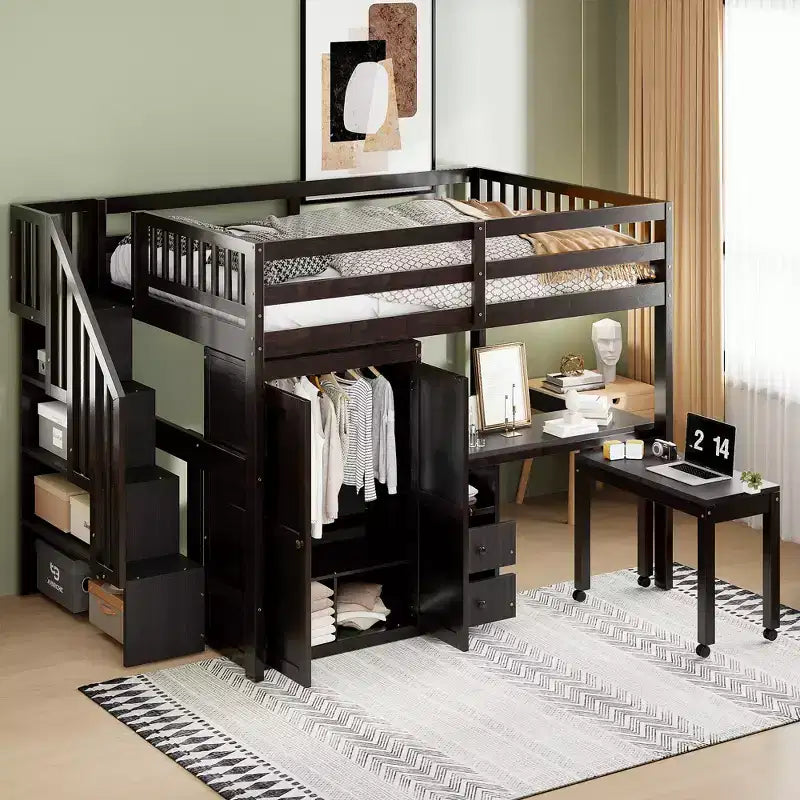 Full Size Loft Bed with Stairs, Bookshelf, Drawers, Desk & Wardrobe, Space-Saving for Kids & Teens