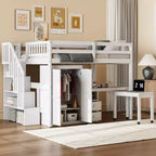 Lit mezzanine pleine grandeur avec escalier, bibliothèque, tiroirs, bureau et armoire, peu encombrant pour enfants et adolescents