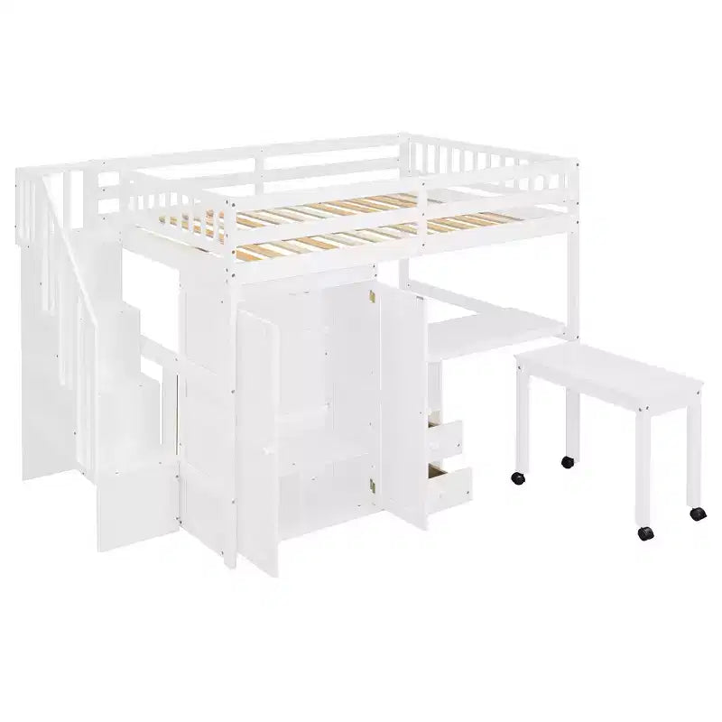 Full Size Loft Bed with Stairs, Bookshelf, Drawers, Desk & Wardrobe, Space-Saving for Kids & Teens