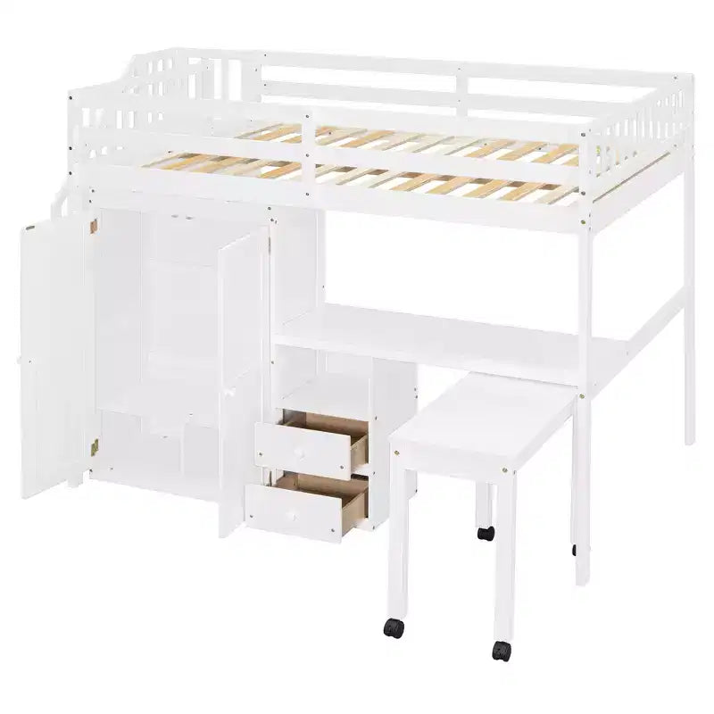 Full Size Loft Bed with Stairs, Bookshelf, Drawers, Desk & Wardrobe, Space-Saving for Kids & Teens