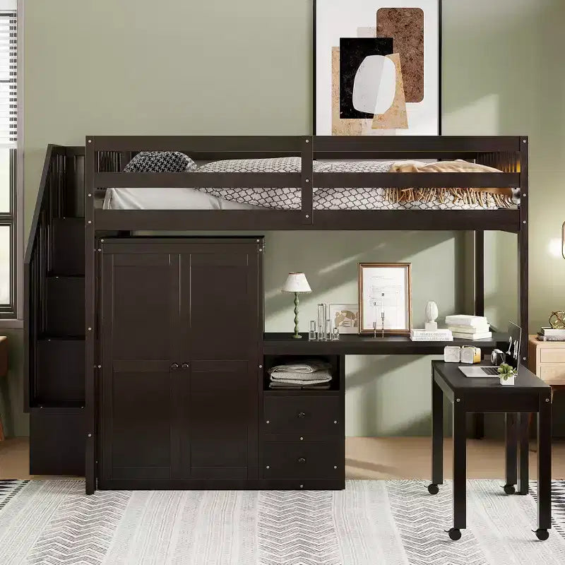 Full Size Loft Bed with Stairs, Bookshelf, Drawers, Desk & Wardrobe, Space-Saving for Kids & Teens