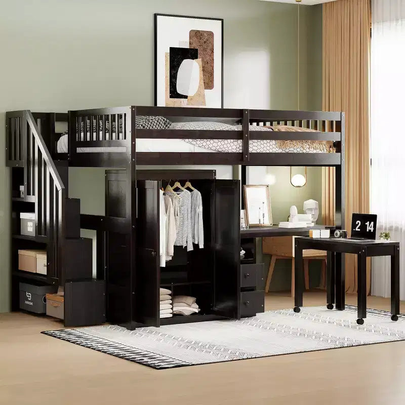 Full Size Loft Bed with Stairs, Bookshelf, Drawers, Desk & Wardrobe, Space-Saving for Kids & Teens
