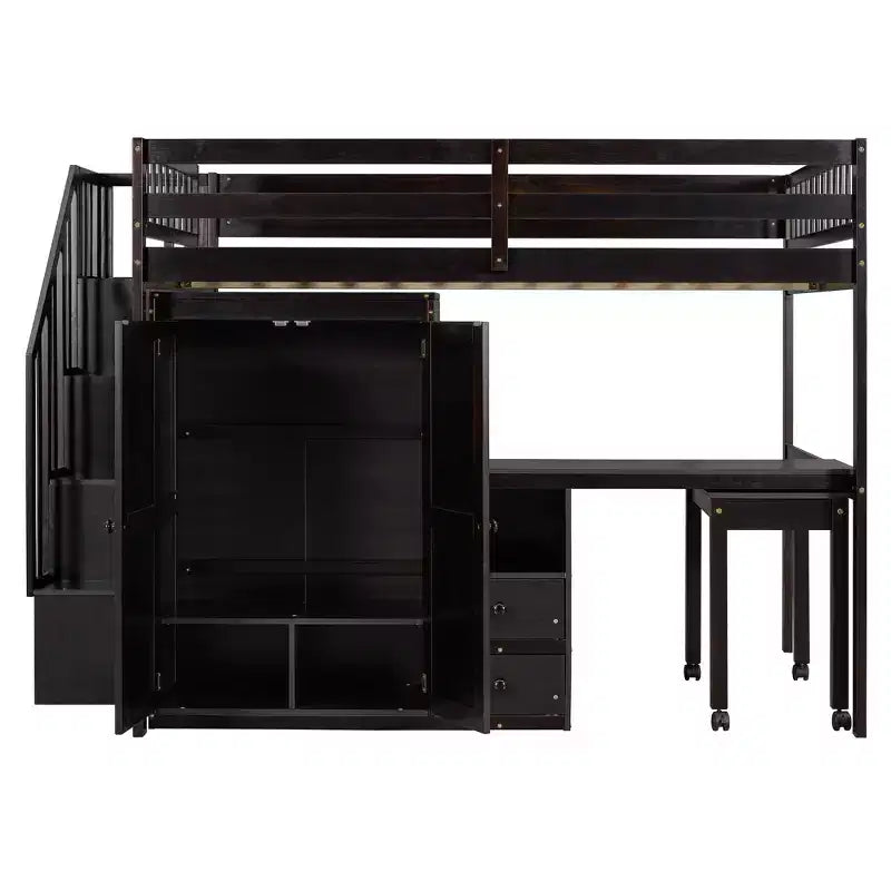 Full Size Loft Bed with Stairs, Bookshelf, Drawers, Desk & Wardrobe, Space-Saving for Kids & Teens