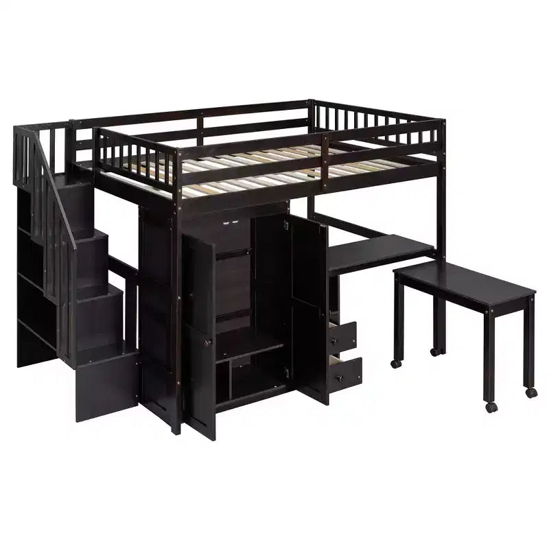 Full Size Loft Bed with Stairs, Bookshelf, Drawers, Desk & Wardrobe, Space-Saving for Kids & Teens