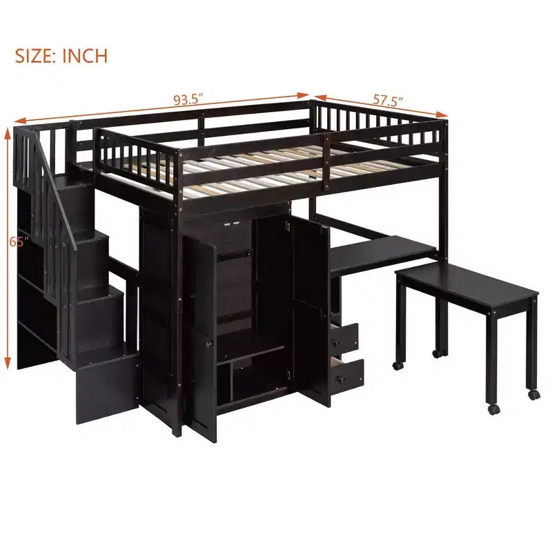 Full Size Loft Bed with Stairs, Bookshelf, Drawers, Desk & Wardrobe, Space-Saving for Kids & Teens