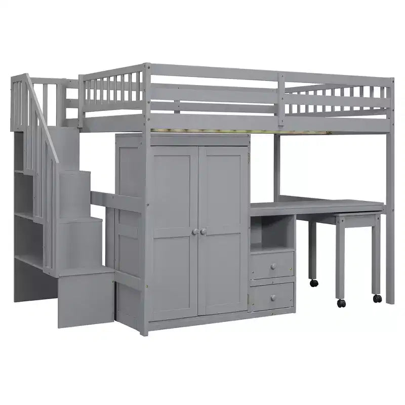 Full Size Loft Bed with Stairs, Bookshelf, Drawers, Desk & Wardrobe, Space-Saving for Kids & Teens