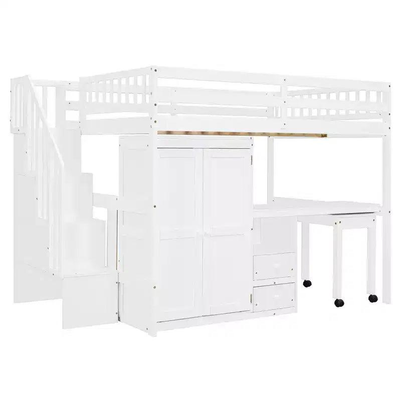 Full Size Loft Bed with Stairs, Bookshelf, Drawers, Desk & Wardrobe, Space-Saving for Kids & Teens