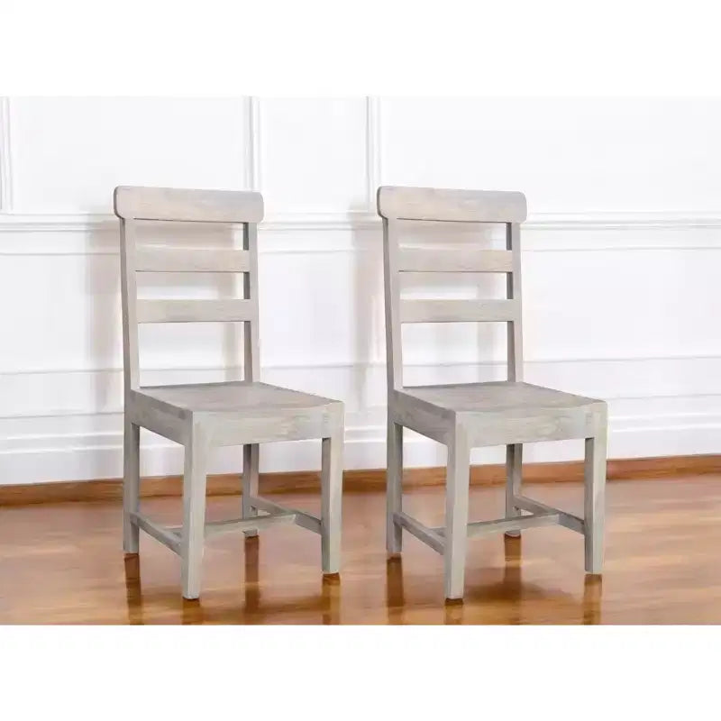 Set of Two White Wood Ladder Back Dining Side Chairs