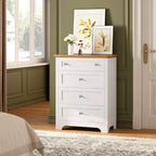 Zstar 4 Drawer Nightstand Cabinet with Night Light - White Drawer Dresser with LED Strip and Visible Glass Table-top for Bedroom, Living Room
