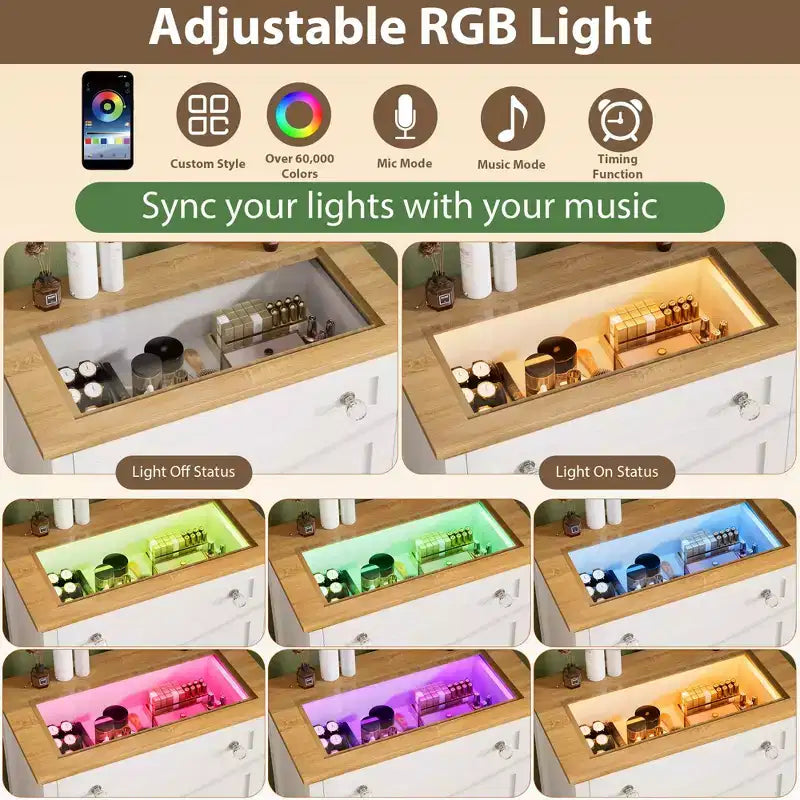 4-Drawer Dresser with LED Night Light & Glass Top, App-Controlled RGB Lighting, Scratch-Resistant MDF, White