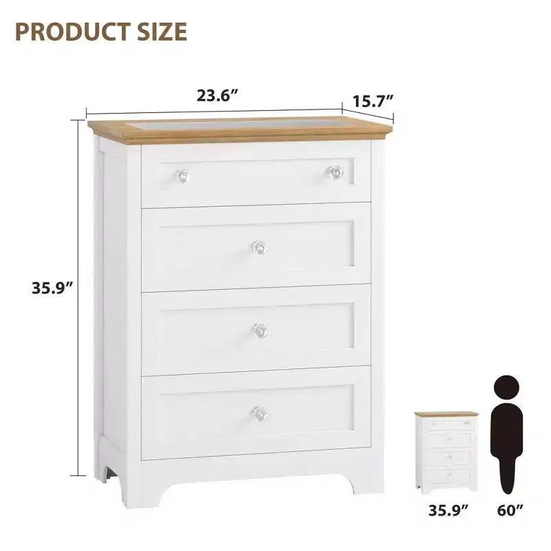 4-Drawer Dresser with LED Night Light & Glass Top, App-Controlled RGB Lighting, Scratch-Resistant MDF, White
