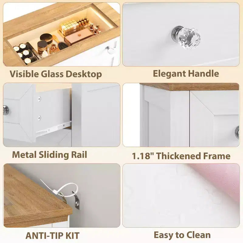 4-Drawer Dresser with LED Night Light & Glass Top, App-Controlled RGB Lighting, Scratch-Resistant MDF, White