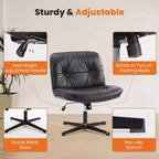Chaise de bureau pivotante sans accoudoirs, assise large entrecroisée, rotation à 360°, inclinaison à 22°, cuir PU, supporte 136 kg, beige/noir/gris