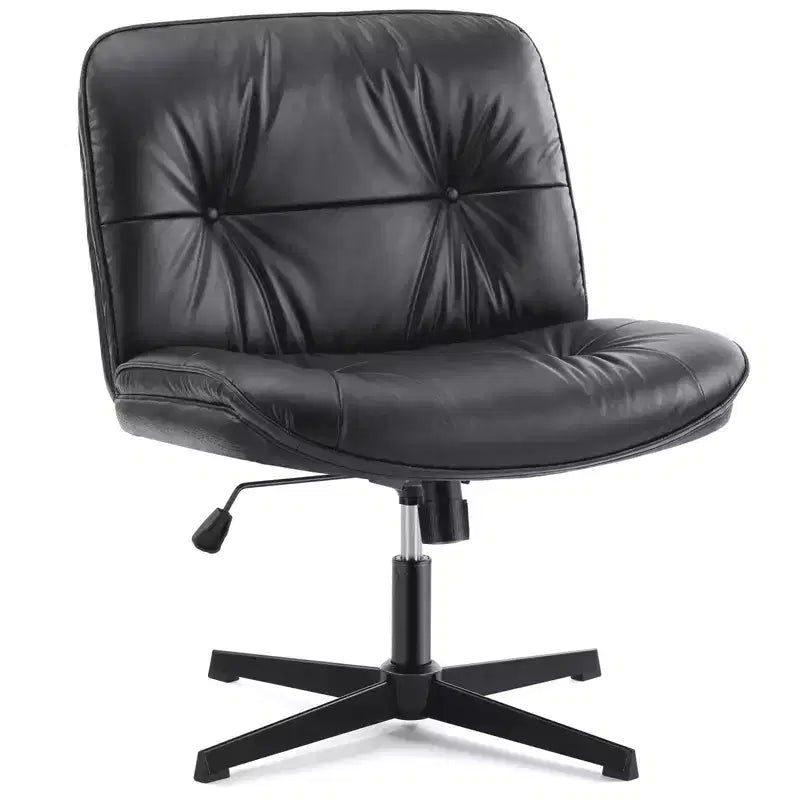 Armless Swivel Office Chair, Criss Cross Wide Seat, 360° Rotation, 22° Recline, PU Leather, Holds 300 lbs, Beige/Black/Gray