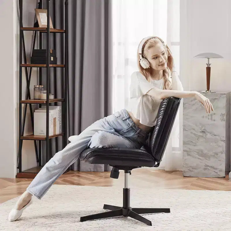 Armless Swivel Office Chair, Criss Cross Wide Seat, 360° Rotation, 22° Recline, PU Leather, Holds 300 lbs, Beige/Black/Gray