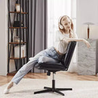 Chaise de bureau pivotante sans accoudoirs, assise large entrecroisée, rotation à 360°, inclinaison à 22°, cuir PU, supporte 136 kg, beige/noir/gris