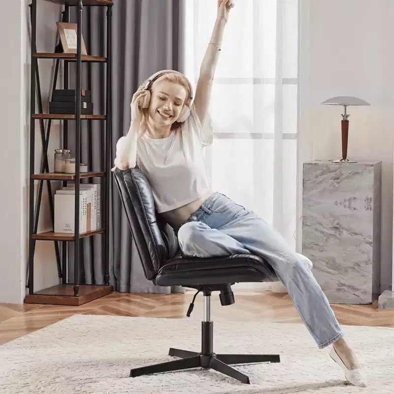 Armless Swivel Office Chair, Criss Cross Wide Seat, 360° Rotation, 22° Recline, PU Leather, Holds 300 lbs, Beige/Black/Gray