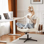 Chaise de bureau pivotante sans accoudoirs, assise large entrecroisée, rotation à 360°, inclinaison à 22°, cuir PU, supporte 136 kg, beige/noir/gris