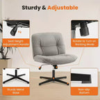 Chaise de bureau pivotante sans accoudoirs, assise large entrecroisée, rotation à 360°, inclinaison à 22°, cuir PU, supporte 136 kg, beige/noir/gris