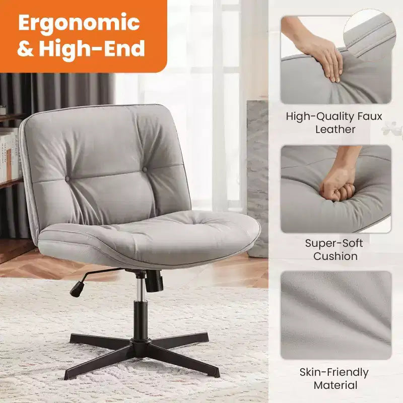 Armless Swivel Office Chair, Criss Cross Wide Seat, 360° Rotation, 22° Recline, PU Leather, Holds 300 lbs, Beige/Black/Gray