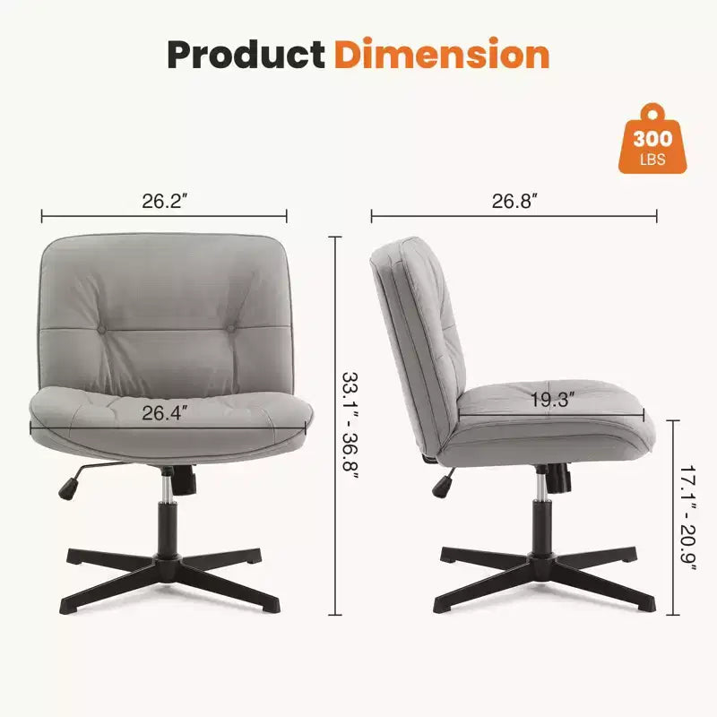Armless Swivel Office Chair, Criss Cross Wide Seat, 360° Rotation, 22° Recline, PU Leather, Holds 300 lbs, Beige/Black/Gray