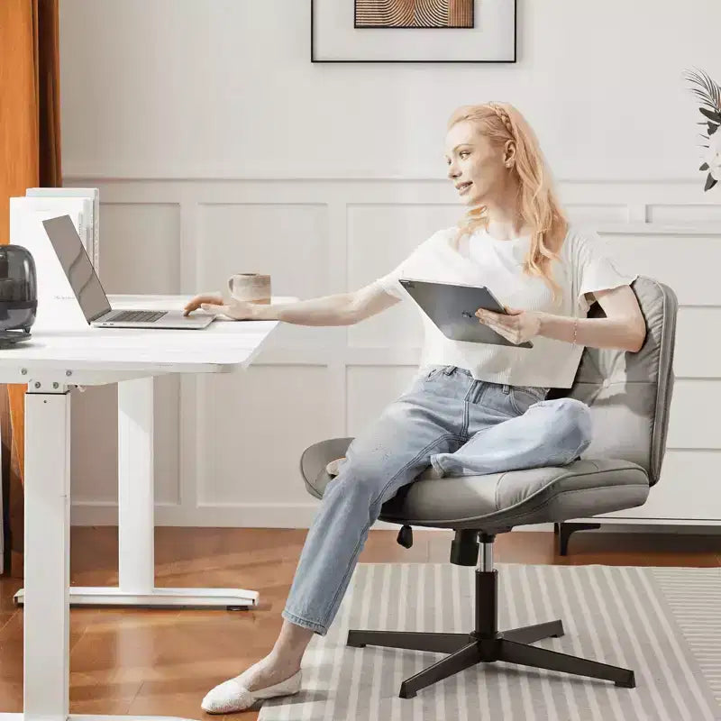 Armless Swivel Office Chair, Criss Cross Wide Seat, 360° Rotation, 22° Recline, PU Leather, Holds 300 lbs, Beige/Black/Gray