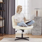 Chaise de bureau pivotante sans accoudoirs, assise large entrecroisée, rotation à 360°, inclinaison à 22°, cuir PU, supporte 136 kg, beige/noir/gris