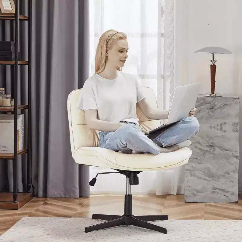Armless Swivel Office Chair, Criss Cross Wide Seat, 360° Rotation, 22° Recline, PU Leather, Holds 300 lbs, Beige/Black/Gray