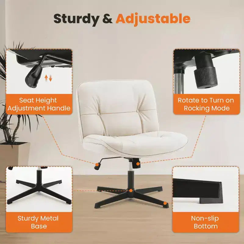 Armless Swivel Office Chair, Criss Cross Wide Seat, 360° Rotation, 22° Recline, PU Leather, Holds 300 lbs, Beige/Black/Gray