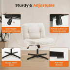 Chaise de bureau pivotante sans accoudoirs, assise large entrecroisée, rotation à 360°, inclinaison à 22°, cuir PU, supporte 136 kg, beige/noir/gris