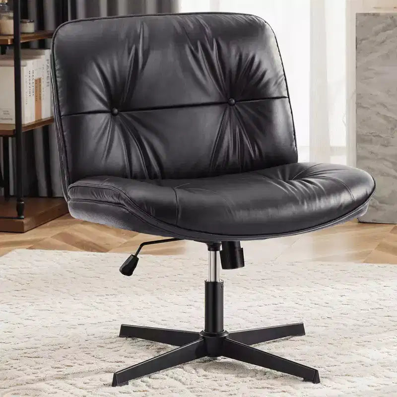 Armless Swivel Office Chair, Criss Cross Wide Seat, 360° Rotation, 22° Recline, PU Leather, Holds 300 lbs, Beige/Black/Gray