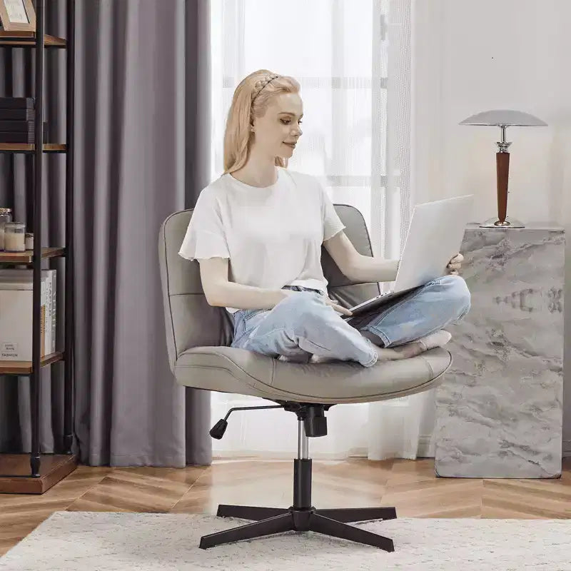 Armless Swivel Office Chair, Criss Cross Wide Seat, 360° Rotation, 22° Recline, PU Leather, Holds 300 lbs, Beige/Black/Gray