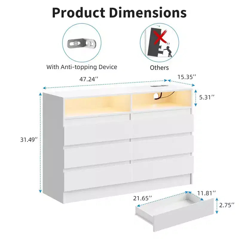 6-Drawer Double Dresser with LED Lights & Power Outlet, Handle-Free Modern Bedroom Dresser, 2 AC + 2 USB, Black/White