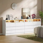 Commode double à 6 tiroirs avec lumières LED et prise de courant, commode de chambre moderne sans poignée, 2 prises secteur + 2 USB, Noir/Blanc