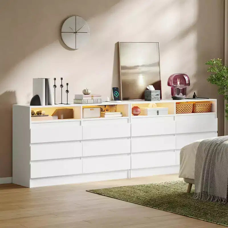 6-Drawer Double Dresser with LED Lights & Power Outlet, Handle-Free Modern Bedroom Dresser, 2 AC + 2 USB, Black/White