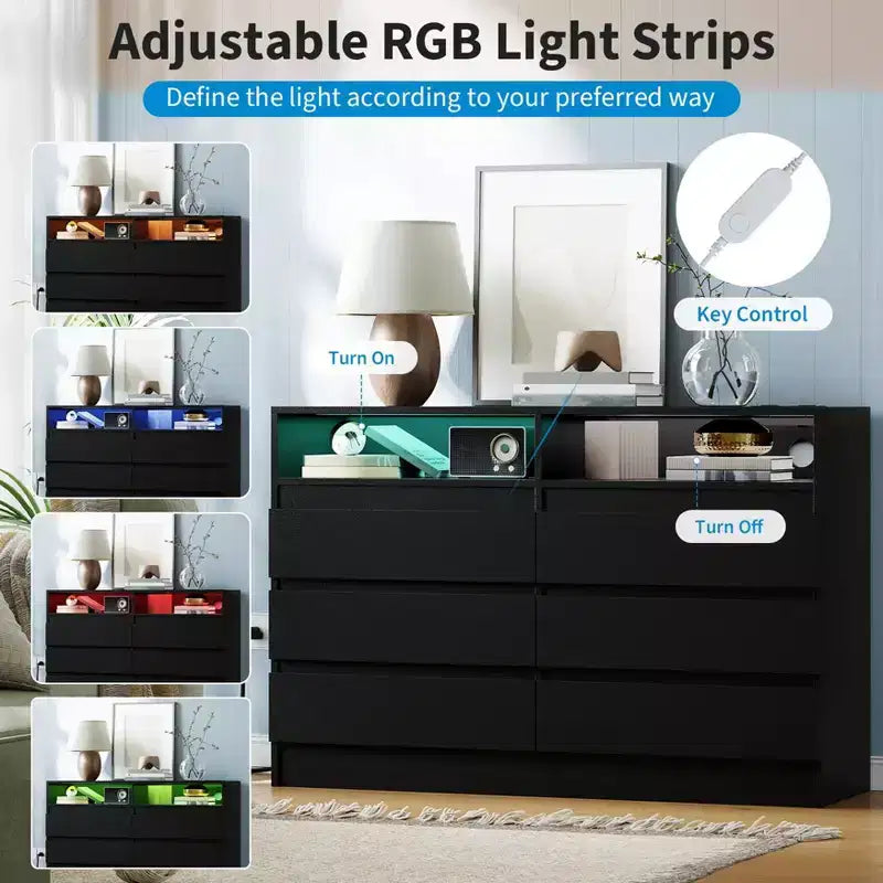 6-Drawer Double Dresser with LED Lights & Power Outlet, Handle-Free Modern Bedroom Dresser, 2 AC + 2 USB, Black/White